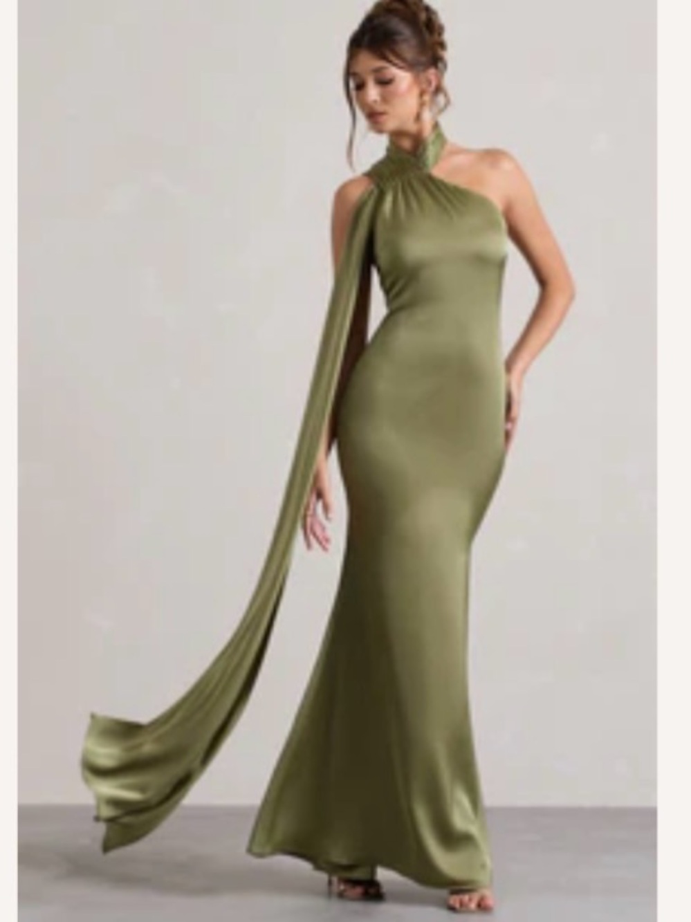 Bridesmaid Dress - Olive Green One-Shoulder Halter Evening Dress with Sash